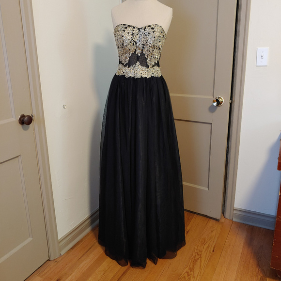 Whimsigoth Corset Unconventional Lace Mesh Strapless Sequin Formal Prom Gown - Picture 4 of 9